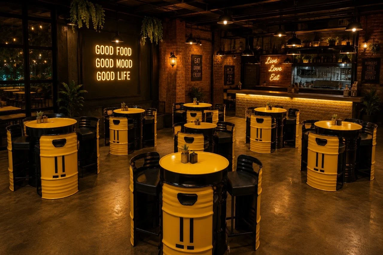 Café interior fully furnished with yellow-and-black oil-drum bar tables and stools
