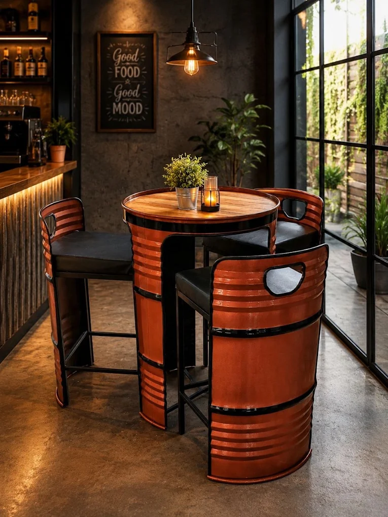 Rust-orange oil-drum bar table with two cushioned drum bar chairs in a café setting